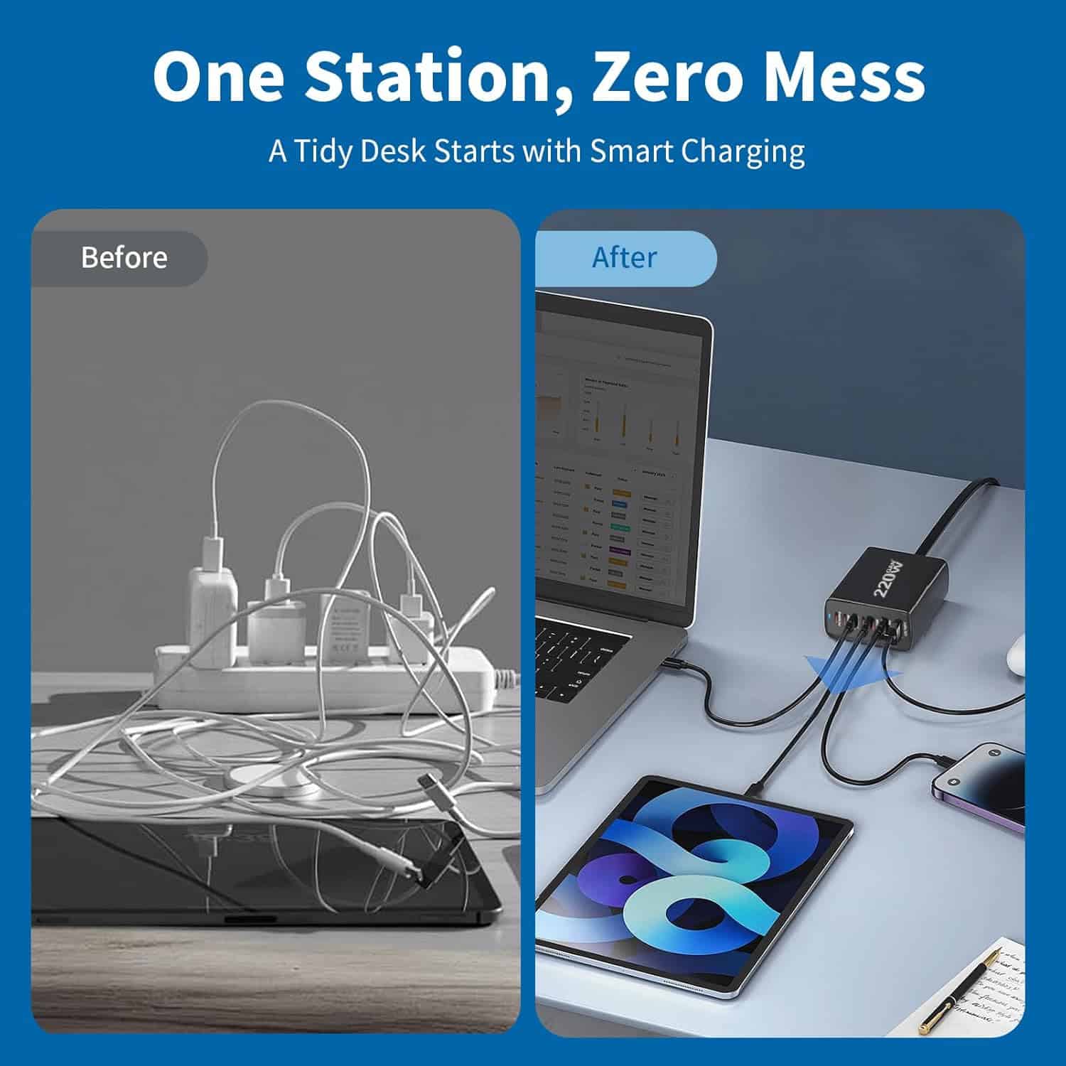 220W GaN³ Charger Dock: 1×100W PD USB-C, 4×20W PD, 2×18W QC3.0 USB-A Fast Charging for MacBook, Laptop, Phone – AU Plug Adapter