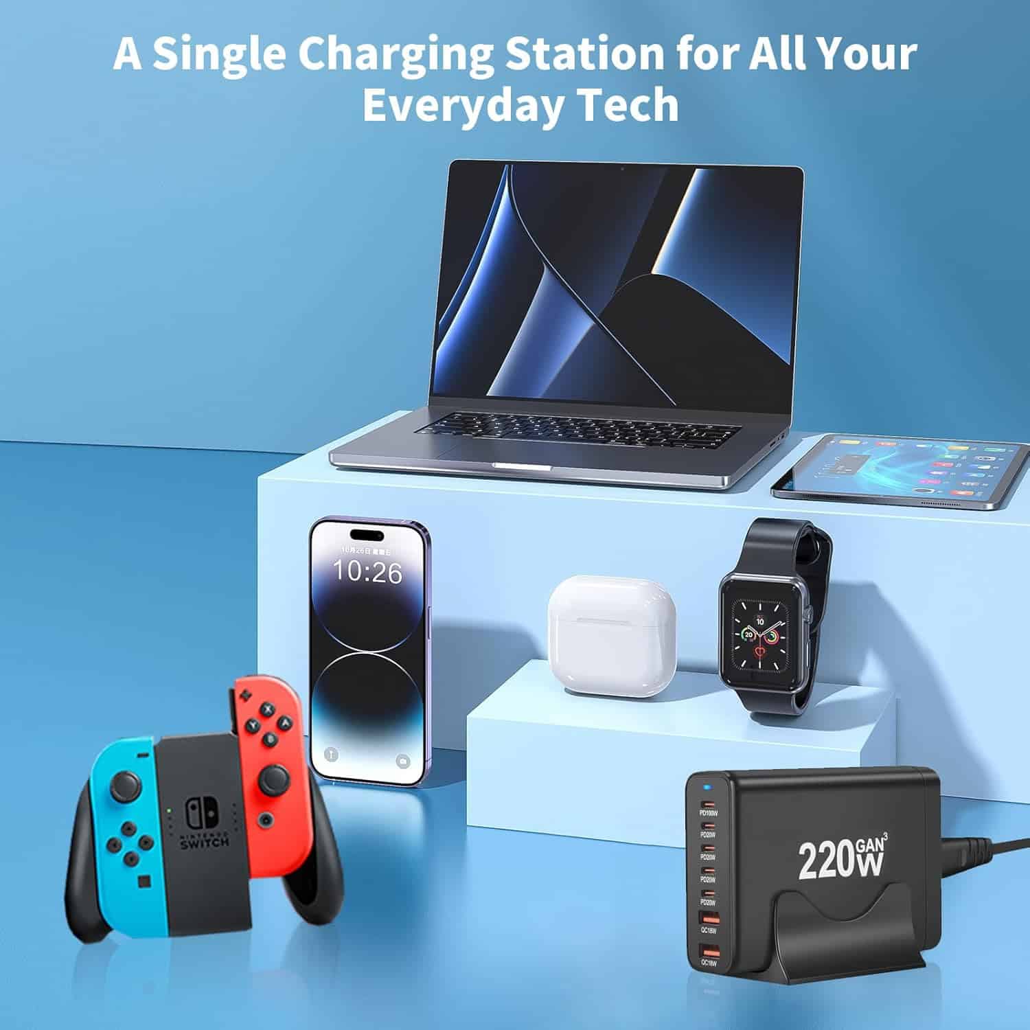 220W GaN³ Charger Dock: 1×100W PD USB-C, 4×20W PD, 2×18W QC3.0 USB-A Fast Charging for MacBook, Laptop, Phone – AU Plug Adapter