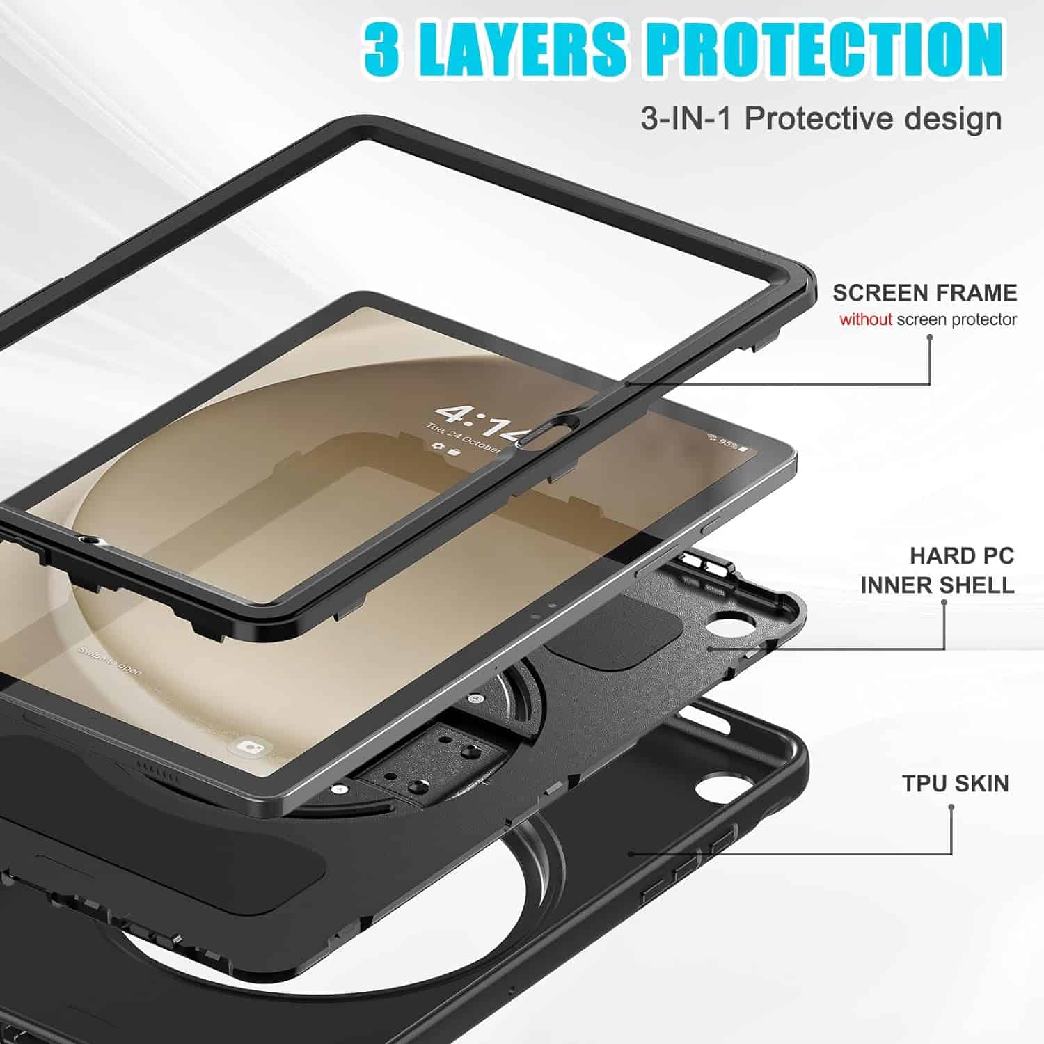 For Samsung Galaxy Tab Series 360° Rotating Stand and Hand Strap Shockproof Kickstand Case Cover