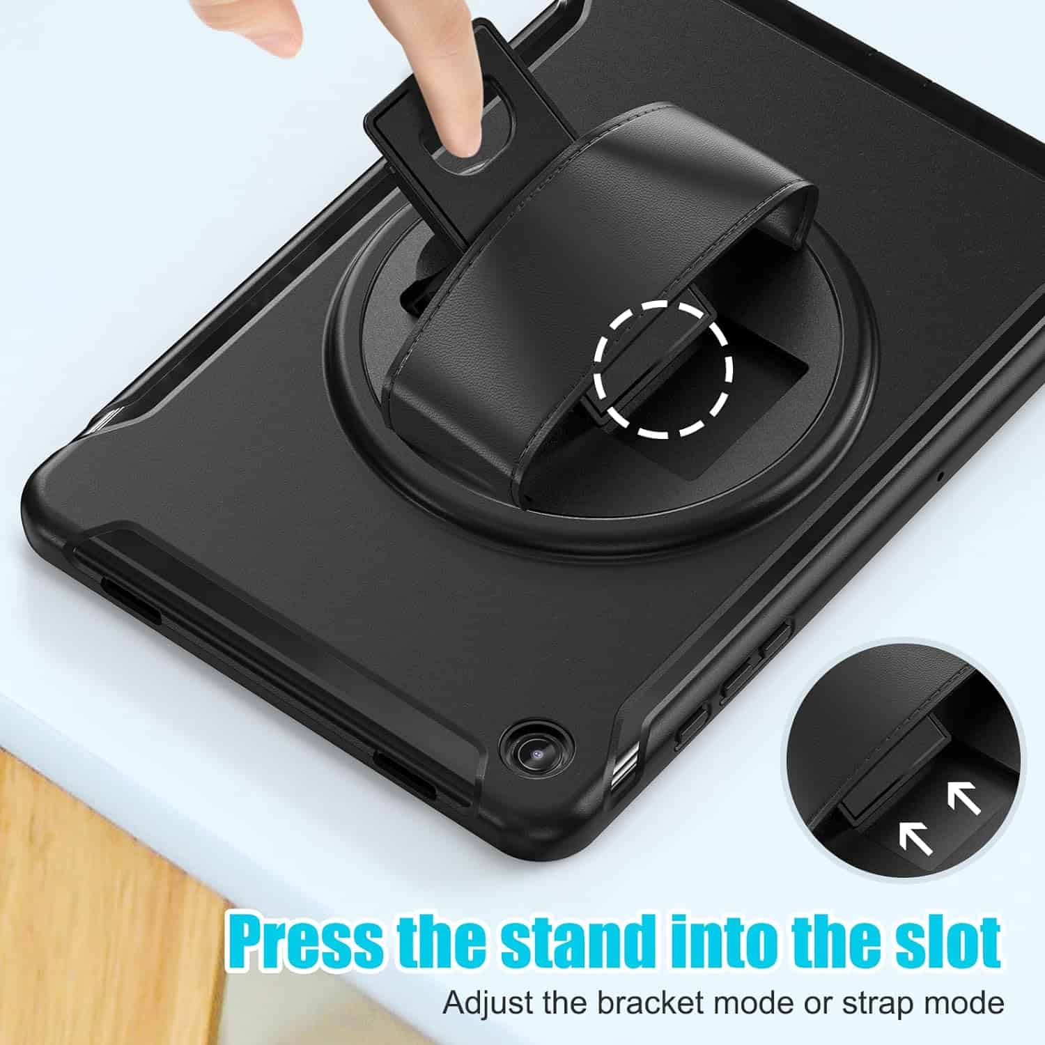 For Samsung Galaxy Tab Series 360° Rotating Stand and Hand Strap Shockproof Kickstand Case Cover