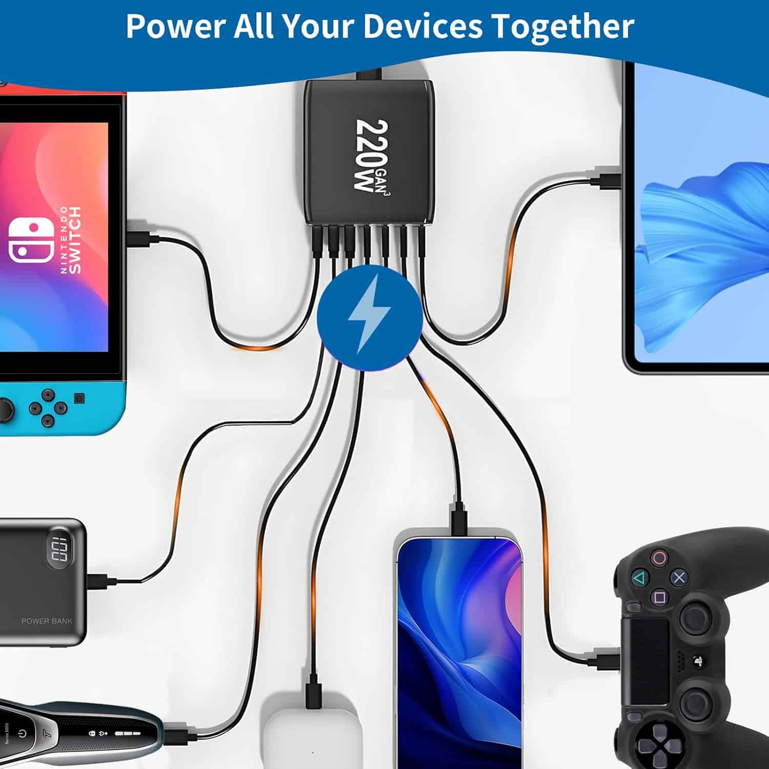 220W GaN³ Charger Dock: 1×100W PD USB-C, 4×20W PD, 2×18W QC3.0 USB-A Fast Charging for MacBook, Laptop, Phone – AU Plug Adapter