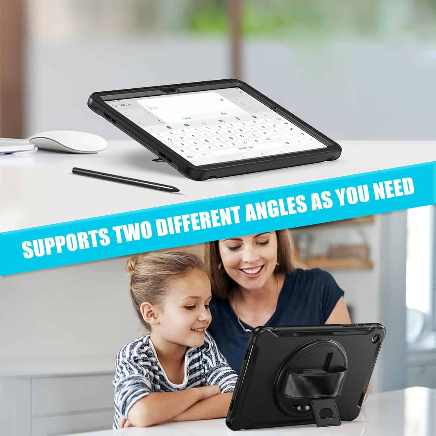 For Samsung Galaxy Tab Series 360° Rotating Stand and Hand Strap Shockproof Kickstand Case Cover
