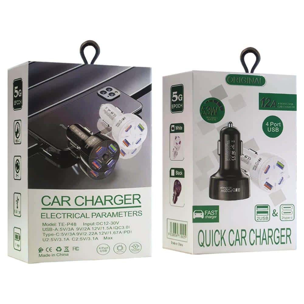 53W 12A PD + USB QC3.0 Multi 4 Ports Fast Charging Car Charger Cigarette Lighter Adapter