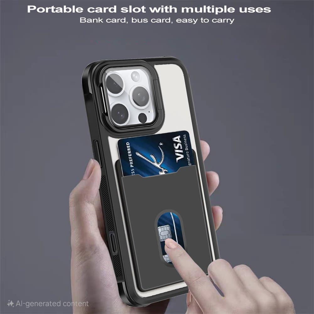 For iPhone Hard Back Wallet Card Holder Mobile Camera Stand Phone Case Cover