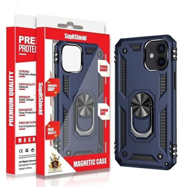 Apple iPhone 12 12 Pro Anti Scratch Rugged Magnetic Car Mount Ring Kickstand Case Cover (Navy Blue)