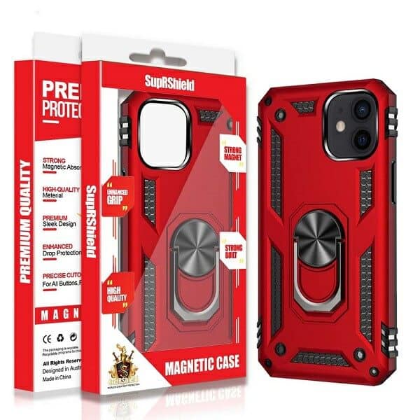 Apple iPhone 12 12 Pro Anti Scratch Rugged Magnetic Car Mount Ring Kickstand Case Cover (Red)