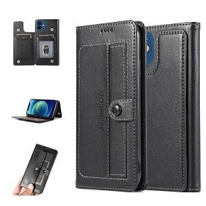 Apple iPhone 12 Wallet Case Flip Leather Card Slots Magnetic Stand Cover (Black)