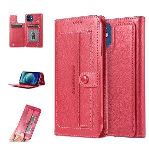 Apple iPhone 12 Wallet Case Flip Leather Card Slots Magnetic Stand Cover (Hot Pink)