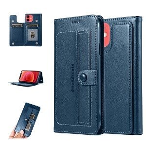 Apple iPhone 12 mini Wallet Case Flip Leather Card Slots Magnetic Stand Cover (Navy Blue)