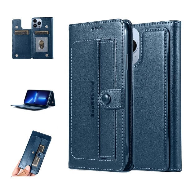 Apple iPhone 13 Pro Max Wallet Case Flip Leather Card Slots Magnetic Stand Cover (Navy Blue)