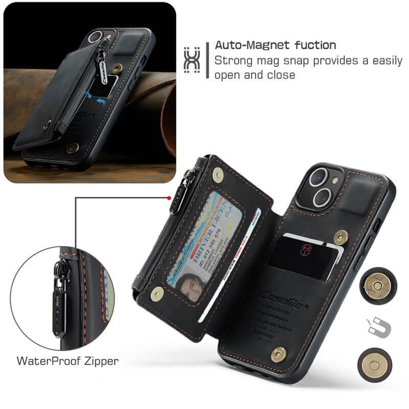 Apple iPhone 15 CaseMe Back Zipper Wallet Case W 3 Card Slots, RFID Blocking, 1 Money Pocket, Credit Card Holder Leather Cover