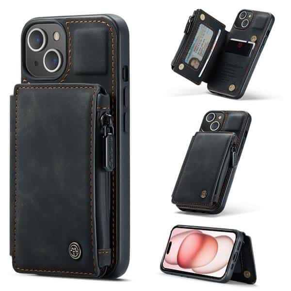Apple iPhone 15 CaseMe Back Zipper Wallet Case W 3 Card Slots, RFID Blocking, 1 Money Pocket, Credit Card Holder Leather Cover