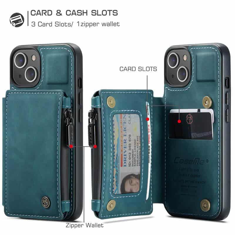 Apple iPhone 15 CaseMe Back Zipper Wallet Case W 3 Card Slots, RFID Blocking, 1 Money Pocket, Credit Card Holder Leather Cover