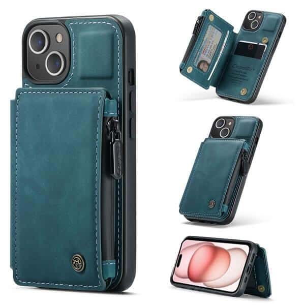 Apple iPhone 15 CaseMe Back Zipper Wallet Case W 3 Card Slots, RFID Blocking, 1 Money Pocket, Credit Card Holder Leather Cover