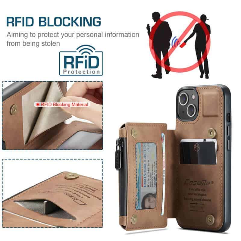 Apple iPhone 15 CaseMe Back Zipper Wallet Case W 3 Card Slots, RFID Blocking, 1 Money Pocket, Credit Card Holder Leather Cover