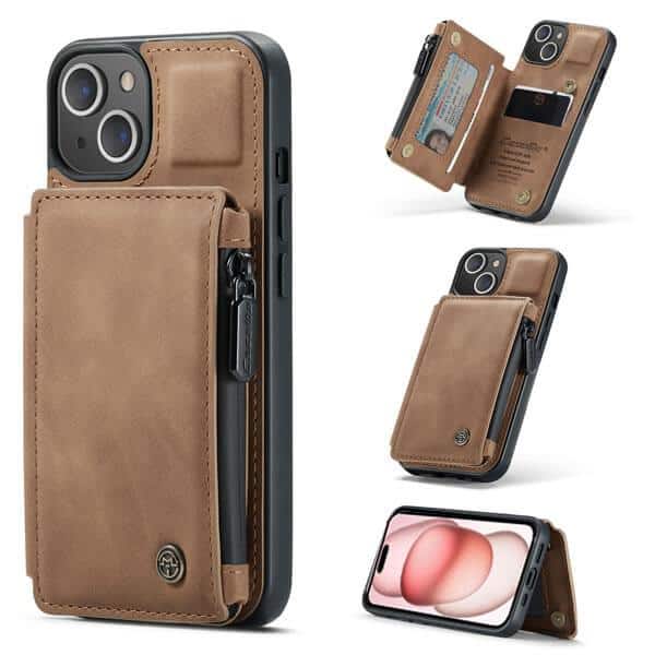 Apple iPhone 15 CaseMe Back Zipper Wallet Case W 3 Card Slots, RFID Blocking, 1 Money Pocket, Credit Card Holder Leather Cover