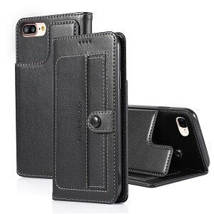 Apple iPhone 7 8 Plus Wallet Flip Case SupRShield Leather Flip Stand Cover (Black)