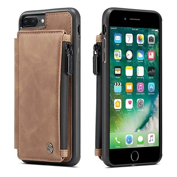 Apple iPhone 7 Plus 8 Plus CaseMe Back Zipper Wallet Case W 3 Card Slots, RFID Blocking, 1 Money Pocket, Credit Card Holder Leather Cover (Brown)