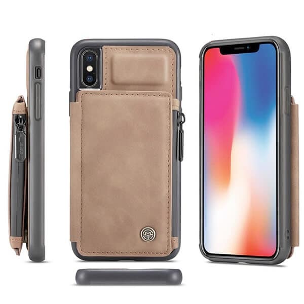 Apple iPhone X / XS CaseMe Back Zipper Wallet Case W/ 3 Card Slots, RFID Blocking, 1 Money Pocket, Credit Card Holder Leather Cover (Brown)