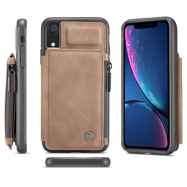 Apple iPhone XR CaseMe Back Zipper Wallet Case W 3 Card Slots, RFID Blocking, 1 Money Pocket, Credit Card Holder Leather Cover (Brown)