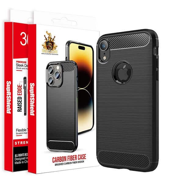 For Apple iPhone Carbon Fiber Case Shockproof Heavy Duty Rugged Anti Knock Back Cover (Black)