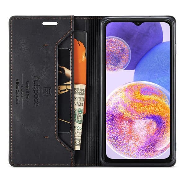 AutSpace For Samsung Galaxy A23 4G Case RFID Blocking Retro Flip Premium Leather Card Holder Wallet Cover - Black