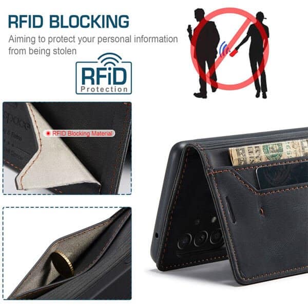 AutSpace For Samsung Galaxy A23 4G Case RFID Blocking Retro Flip Premium Leather Card Holder Wallet Cover - Black