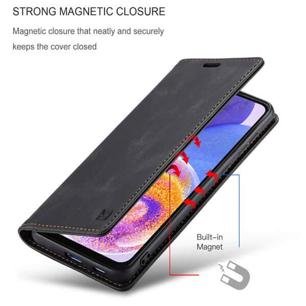 AutSpace For Samsung Galaxy A23 4G Case RFID Blocking Retro Flip Premium Leather Card Holder Wallet Cover - Black