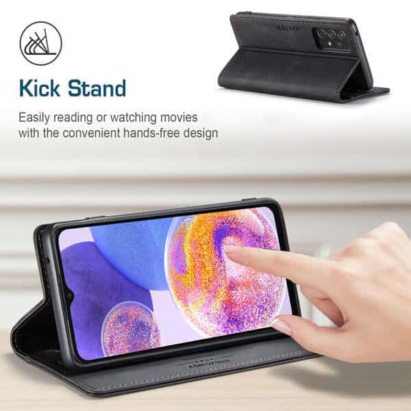 AutSpace For Samsung Galaxy A23 4G Case RFID Blocking Retro Flip Premium Leather Card Holder Wallet Cover - Black