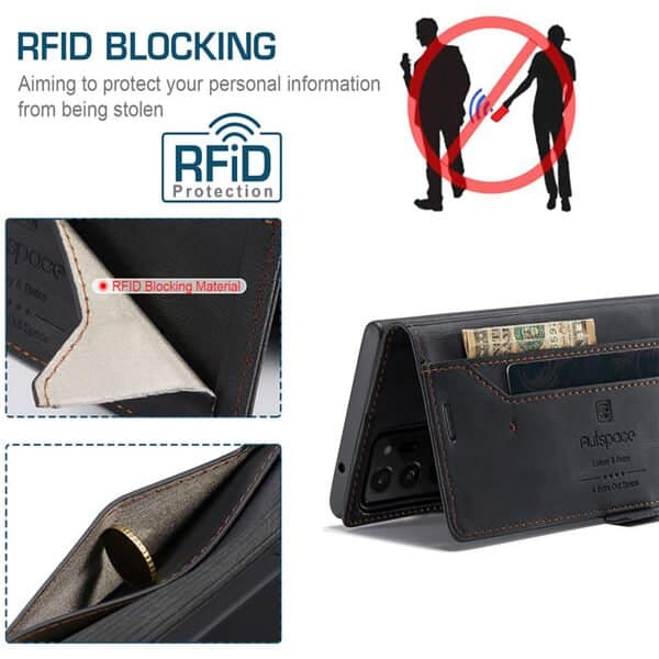 AutSpace For Samsung Galaxy Note 20 Ultra Case RFID Blocking Retro Flip Premium Leather Card Holder Wallet Cover - Black