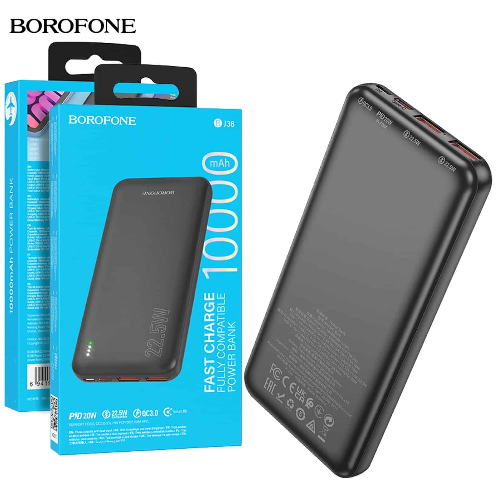 BOROFONE (BJ38) 10000mAh PD20W Fast Charging 4 Ports (2 USB + 1 Type +1 Micro USB) Portable Power Bank