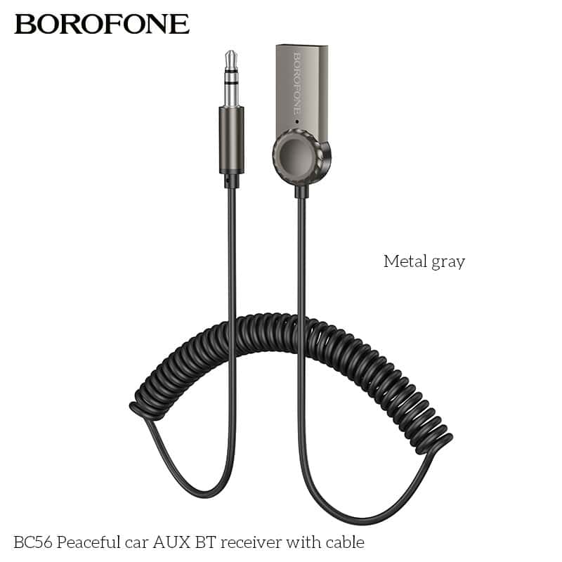 Borofone BC56 Peaceful 3.5mm Car AUX Wireless Bluetooth Receiver Dongle with 1M Cable ( Metal Grey)