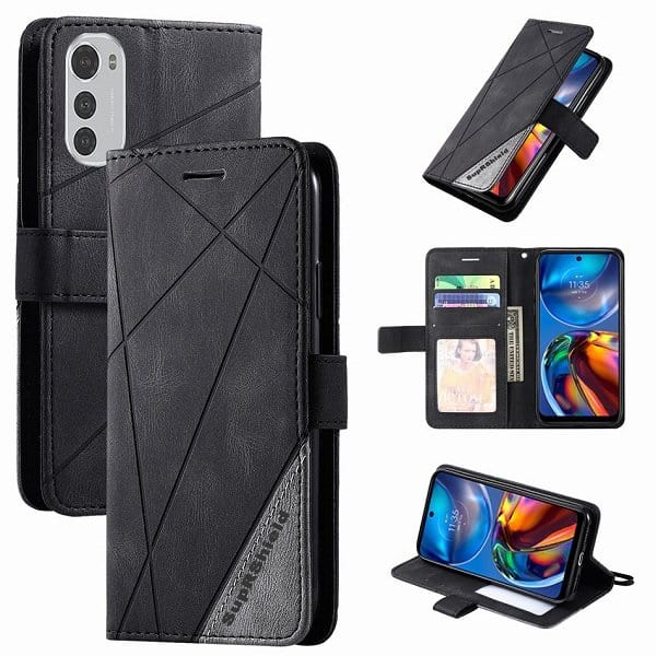 Motorola Moto E32 SupRShield Wallet Leather Card Holder Flip Protective Shockproof Magnetic Case Cover ( Black}