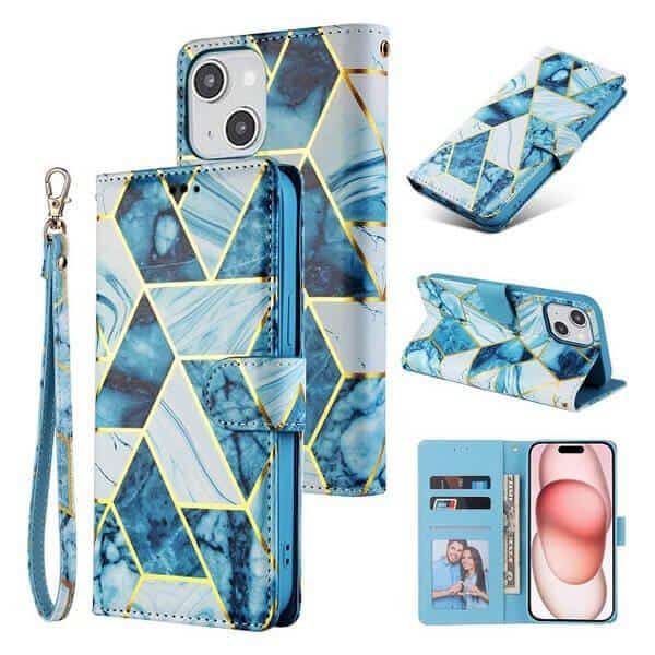 For iPhone Case Marble Pattern With Lanyard Flip Wallet Case Leather Card Slots Stand Cover