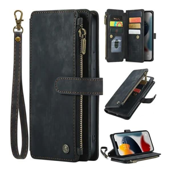 CaseMe For Apple iPhone 11 Zipper & Detachable Retro Leather Pouch Wallet Flip Purse Bag Detachable Phone Case Cover (Black)