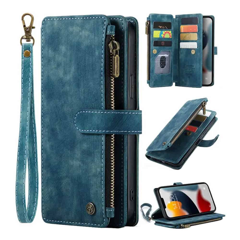 CaseMe For Apple iPhone 11 Zipper & Detachable Retro Leather Pouch Wallet Flip Purse Bag Detachable Phone Case Cover (Sky Blue)