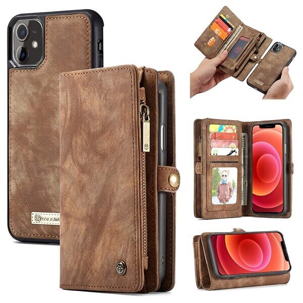 CaseMe For Apple iPhone 12 Mini Zipper & Detachable Retro Leather Pouch Wallet Flip Purse Bag Detachable Phone Case Cover (Brown)