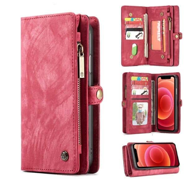 CaseMe For Apple iPhone 12 Mini Zipper & Detachable Retro Leather Pouch Wallet Flip Purse Bag Detachable Phone Case Cover (Red)