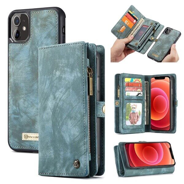 CaseMe For Apple iPhone 12 Mini Zipper & Detachable Retro Leather Pouch Wallet Flip Purse Bag Detachable Phone Case Cover (Sky Blue)