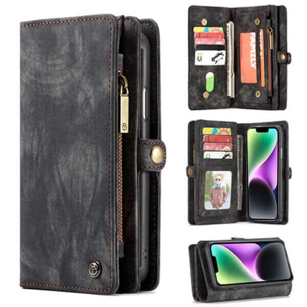 CaseMe For Apple iPhone 14 Zipper & Detachable Retro Leather Pouch Wallet Flip Purse Bag Detachable Phone Case Cover (Black)