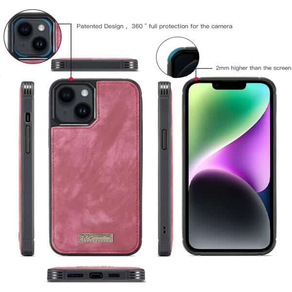 CaseMe For Apple iPhone 14 Zipper & Detachable Retro Leather Pouch Wallet Flip Purse Bag Detachable Phone Case Cover (Red)