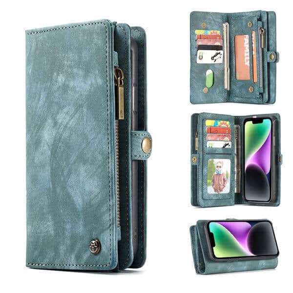 CaseMe For Apple iPhone 14 Zipper & Detachable Retro Leather Pouch Wallet Flip Purse Bag Detachable Phone Case Cover (Sky Blue)