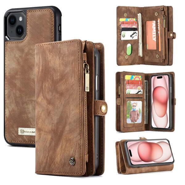 CaseMe For Apple iPhone 15 Zipper & Detachable Retro Leather Pouch Wallet Flip Purse Bag Detachable Phone Case Cover
