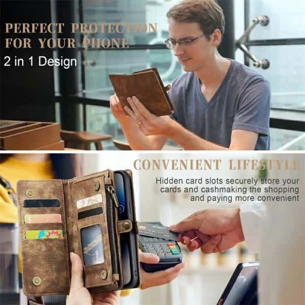 CaseMe For Apple iPhone Zipper & Detachable Retro Leather Pouch Wallet Flip Purse Bag Detachable Phone Case Cover