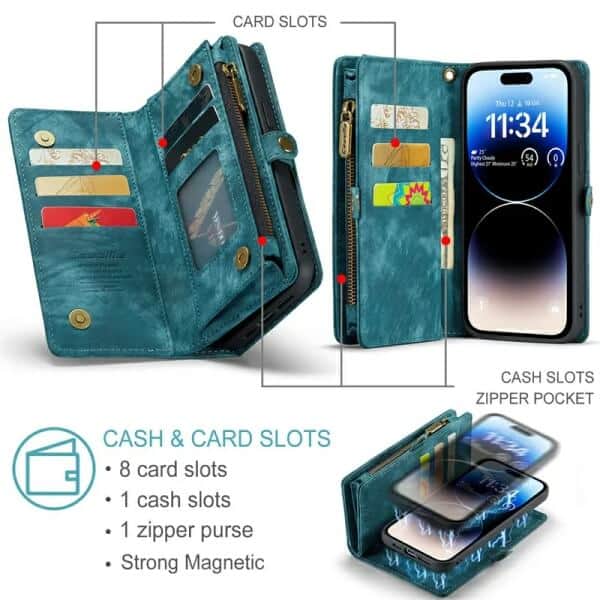 CaseMe For Apple iPhone Zipper & Detachable Retro Leather Pouch Wallet Flip Purse Bag Detachable Phone Case Cover