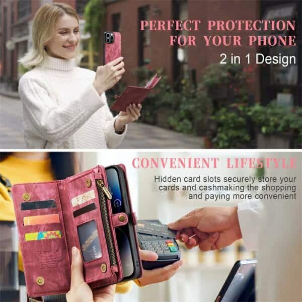 CaseMe For Apple iPhone Zipper & Detachable Retro Leather Pouch Wallet Flip Purse Bag Detachable Phone Case Cover