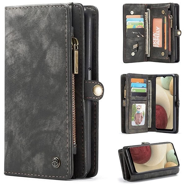 CaseMe For Samsung Galaxy A12 Zipper & Detachable Retro Leather Pouch Wallet Flip Purse Bag Detachable Phone Case Cover (Black)