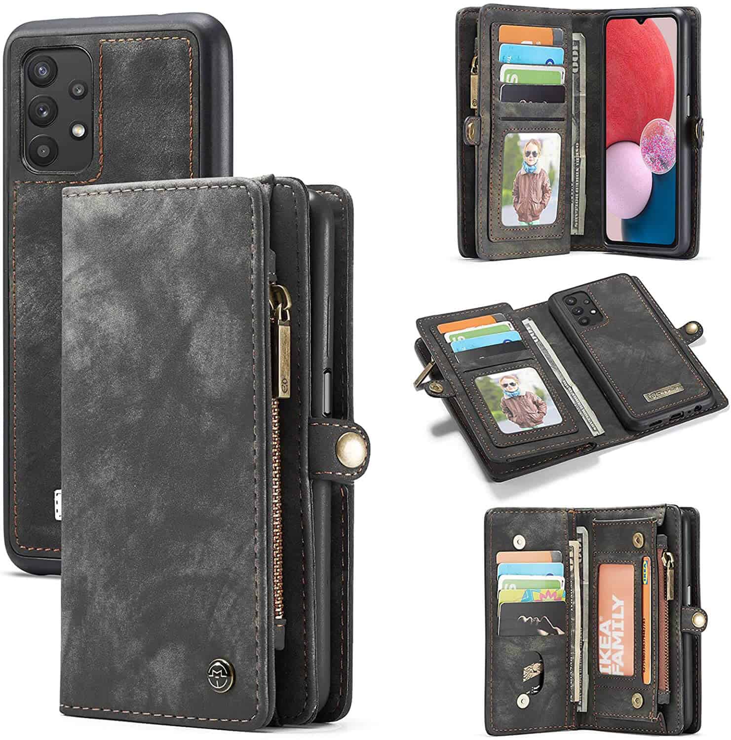 CaseMe For Samsung Galaxy A13 4G Zipper & Detachable Retro Leather Pouch Wallet Flip Purse Bag Detachable Phone Case Cover (Black)