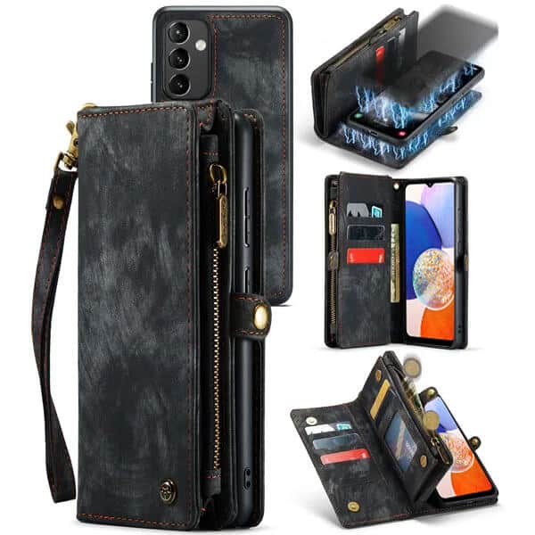CaseMe For Samsung Galaxy A14 5G Magnetic Detachable Leather Zipper Wallet Case with Wrist Strap (Black)