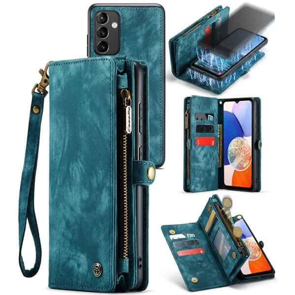 CaseMe For Samsung Galaxy A14 5G Magnetic Detachable Leather Zipper Wallet Case with Wrist Strap (Sky Blue)